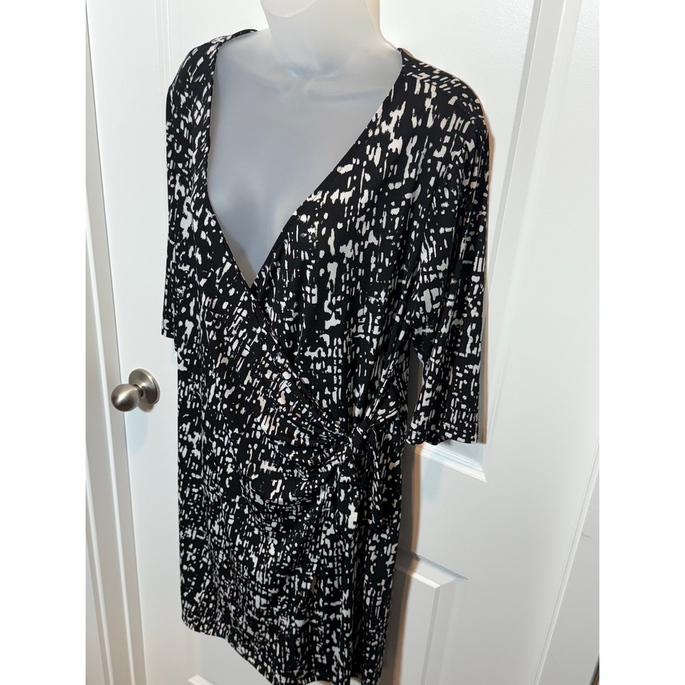 Apt 9 Black White Abstract Print Faux Wrap Knit Midi‎ Dress Womens L Work Office